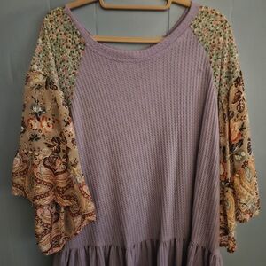 Umgee Lavender Top with Floral Sleeves